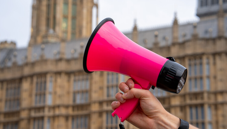 A pink megaphone in the air against the houses of parliament.